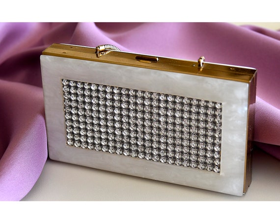 Vintage WILARDY Lucite Carryall, Rhinestone Vanity Compact, 1950s
