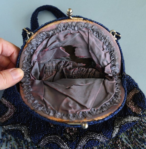 Vintage NAVY BEADED Purse, Beaded Frame with Kissloc… Gem