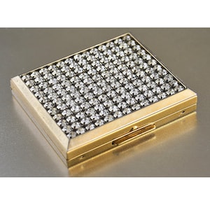 Vintage GOLD Powder Compact with RHINESTONES, 1950&#39;s Compact, Square Compact with Prong-set Rhinestones