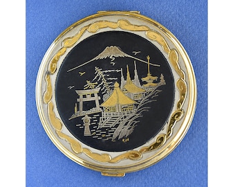 Vintage compact damastpoeder, Japans ontwerp berg Fuji, verzamelobject jaren 1950