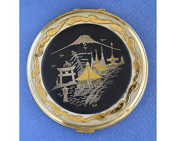 Large DAMASCENE Powder Compact, Japanese Motive, … - image 1