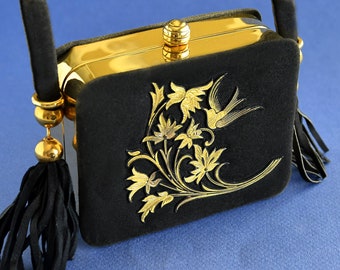 Vintage COMPACTE VANITY PURSE, jaren 1950 zwart fluweel met gouden metalen vogel en bloemen, tweezijdige portemonnee, ruimte voor poederlippenstift en meer