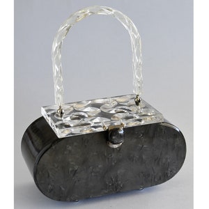 Vintage GREY PEARLIZED LUCITE Purse with Carved Lid, 1950&#39;s Pearlized Lucite Purse, Unmarked Rialto Vintage Box Purse