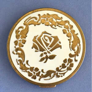Vintage Powder Compact WHITE with GOLD FLOWERS, 1950&#39;s Compact, White and Gold Compact
