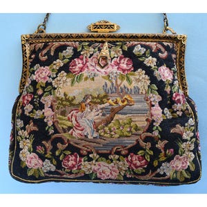 Vintage FIGURAL MICRO Petite Point Purse, 1920&#39;s Needlework Purse, Enameled Frame with Marcasites, Hand Embroidered Purse, Gift for Her