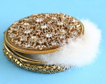 Vintage compact compact compact compact strassteenpoeder van Evans, gouden gaasbodem, zwanendonsdons