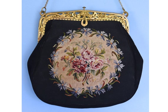 Vintage Aubusson Tapestry Purse, Black with Flora… - image 1