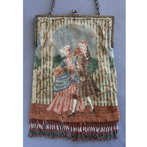 Antique Figural Micro Beaded Purse, Sterling Silver Frame, Large Vintage 1920s Beaded Purse, Two Figures Dancing, Gift for Her, Romantic