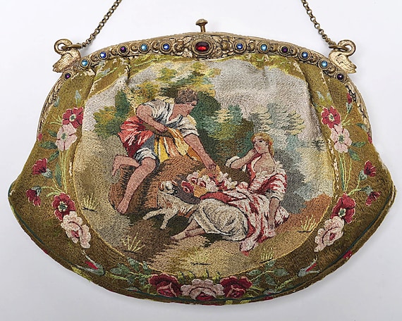 Antique Figural Embroidered Purse, Jeweled Frame,… - image 1