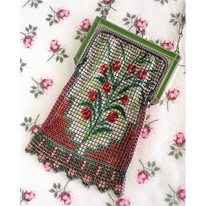 Vintage 1930&#39;s WHITING and DAVIS Mesh Purse, Enameled Frame Unusual FLORAL Design, Colorful Mesh Purse, Gift for Her