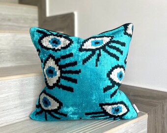 Velvet Ikat Cushion Evil Eye Turquoise | Velvet Ikat Pillow Evil Eye Turquoise