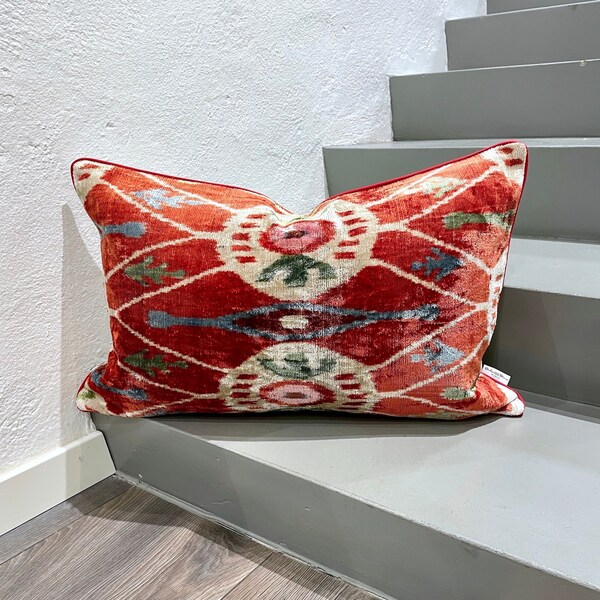 Velvet Ikat Cushion Coral | Velvet Ikat Pillow Coral