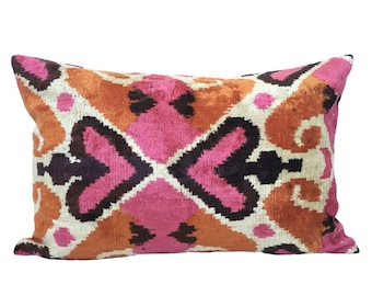 Velvet Ikat Cushion Pink Hearts | Velvet Ikat Pillow Pink Hearts