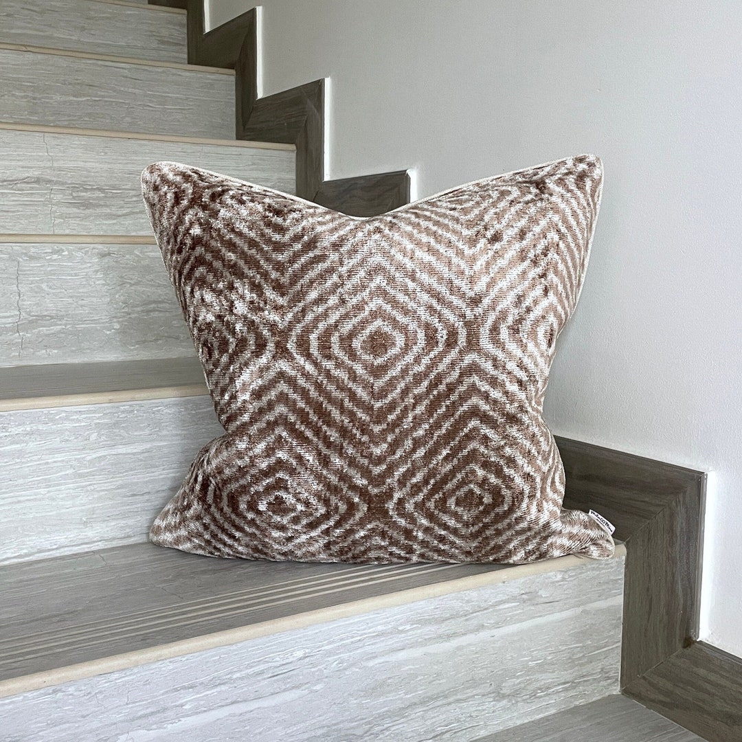 Velvet Ikat Pillow Cover Beige Zebra – Decorative Cushion for Sofa