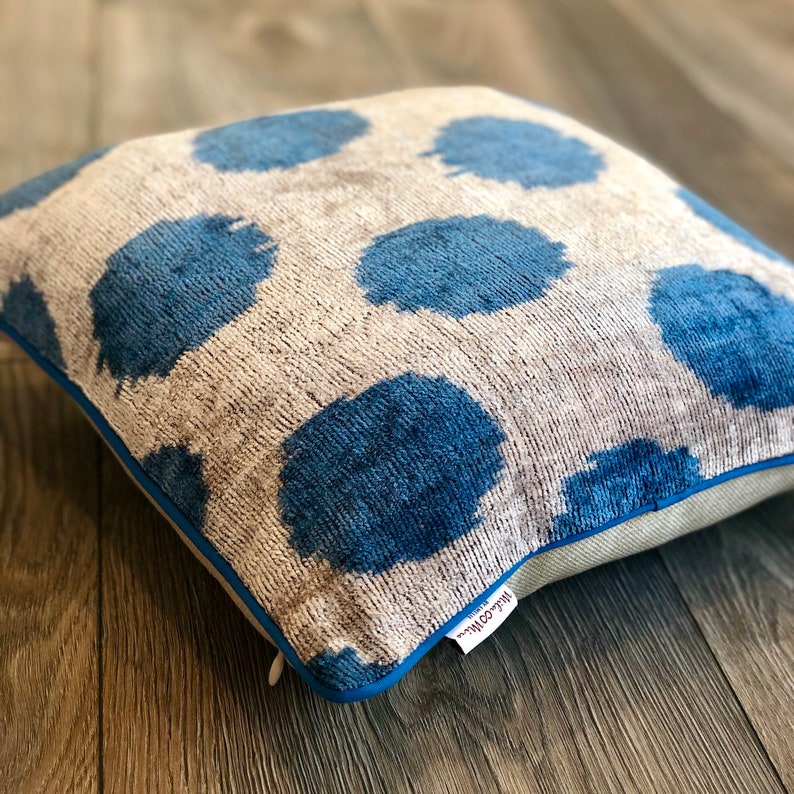 Velvet Ikat Cushion Dots Blue Velvet Ikat Pillow Dots Blue Etsy