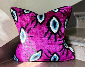 Velvet Ikat Pillow Cover Evil Eye Purple – Decorative Cushion for Sofa or Bed