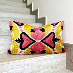 Velvet Ikat Pillow Cover Apricot Hearts – Decorative Cushion for Sofa or Bed