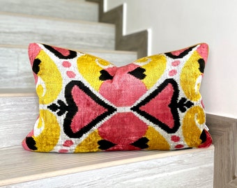 Velvet Ikat Cushion Apricot Hearts | Velvet Ikat Pillow Apricot Hearts