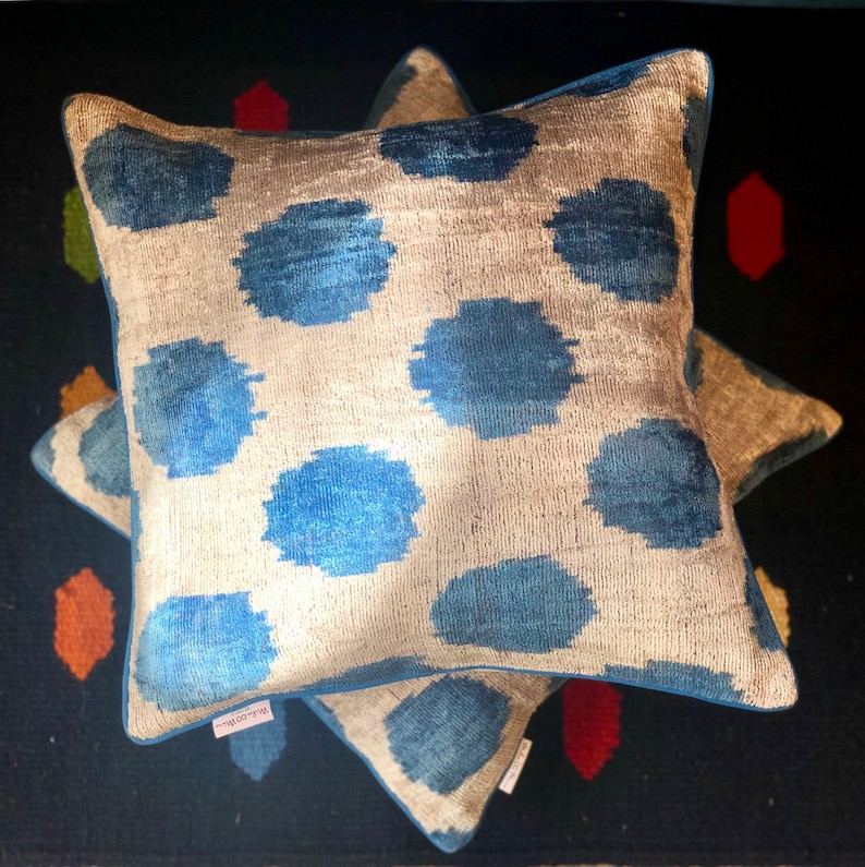 Velvet Ikat Cushion Dots Blue Velvet Ikat Pillow Dots Blue Etsy