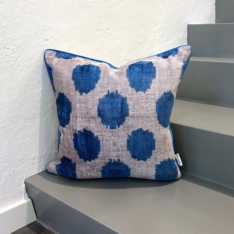 Velvet Ikat Cushion Dots Blue Velvet Ikat Pillow Dots Blue Etsy