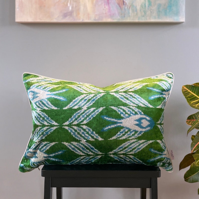 Velvet Ikat Cushion Green Velvet Ikat Pillow Green Etsy
