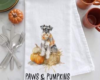 Schnauzer Fall Tea Towel, Paws and Pumpkins Dog Kitchen Towel, Fall Dog Decor, Mini Schnauzer Gift, Pumpkin Flour Sack Towel, Fall Tea Towel