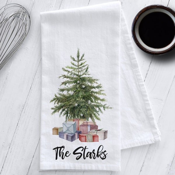 Personalized  Christmas Tree with Presents Kitchen Tea Towel, Personalized Gift, Christmas Tree Tea Towel, Christmas Tree, Christmas Gift