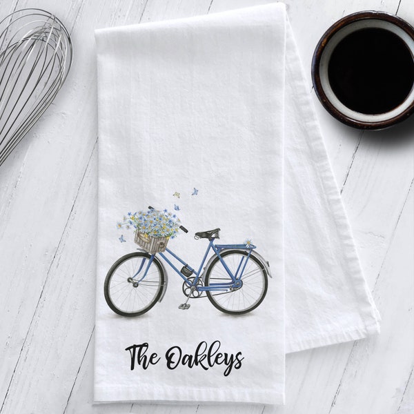 Personalized Bicycle with Flower Baskets + Butterflies Tea Towel,Personalized Flour Sack Towel, Butterfly Tea Towel, Personalized Gift