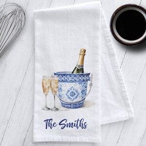 Personalized Blue and White Chinoiserie Champagne Bucket Tea Towel, Preppy Tea Towel, Chinoiserie Tea Towel, Champagne Tea Towel