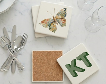 Personalized Butterfly Coaster Set, Monogram Ceramic Coasters, Cottage Butterfly Coasters, Custom Housewarming Gift