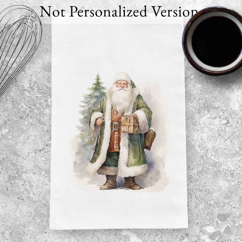 May include: A watercolor illustration of Santa Claus wearing a green coat and holding a gift. He is standing in front of a green Christmas tree.