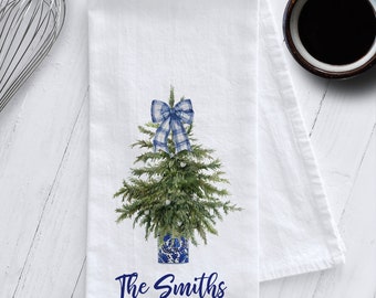 Personalized Christmas Tree in Blue & White Planter Tea Towel, Chinoiserie Tea Towel, Christmas Tree Tea Towel, Chinoiserie Christmas