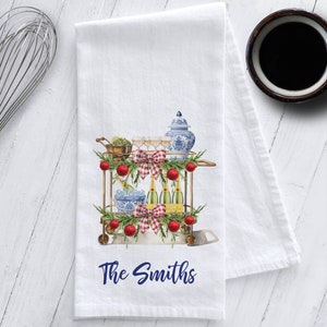 Personalized Chinoiserie Christmas Tea Towel, Chinoiserie Tea Towel, Bar Cart Tea Towel, Chinoiserie Christmas, Champagne Tea Towel