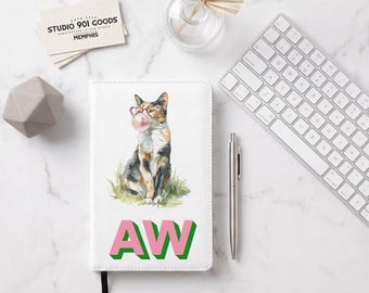 Personalized Whimsical Cat Journal, Custom Monogram Vegan Leather Notebook, Refillable Cat Lover Gift for Her