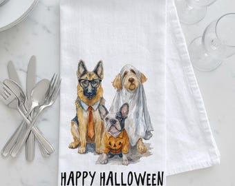 Halloween Dog Tea Towel, Trick or Treat Kitchen Towel, Dog Lover Gift, Halloween Kitchen Towel, Fall Kitchen Decor