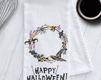 Happy Halloween Tea Towel, Halloween Tea Towel, Halloween Wreath Tea Towel, Witches, Cats, Halloween Candy, Halloween Kitchen Towel