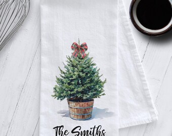 Personalized  Farmhouse Christmas Tree Kitchen Tea Towel, Christmas Tree Tea Towel, Personalized Gift, Christmas Kitchen Towel, Christmas