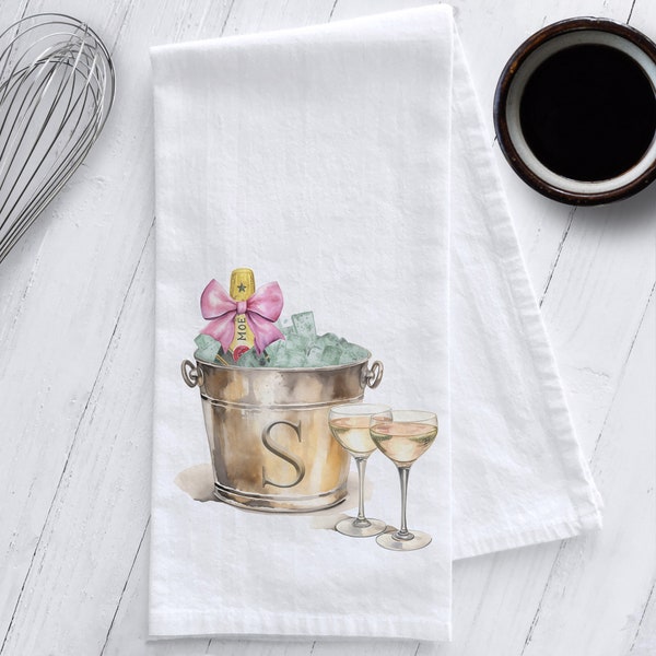 Monogram Champagne Bucket Tea Towel, Champagne Kitchen Towel, Personalized Wedding Gift, Champagne Tea Towel, Preppy Tea Towel