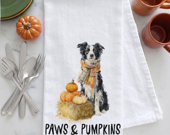 Border Collie Fall Tea Towel, Paws & Pumpkins Dog Kitchen Towel, Autumn Pumpkin Decor, Halloween Dog Mom Gift, Fall Tea Towel, Pumpkin Decor