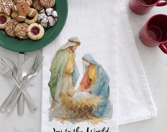 Nativity Scene Christmas Tea Towel – “Joy to the World” – Christmas Tea Towel, Nativity Tea Towel, Joy to the World Kitchen Towel