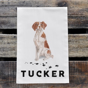 Personalized Brittany Spaniel Kitchen Tea Towel, Dog Lover Gift, Customized Dog Decor, Custom Flour Sack Dish Cloth, Dog Memorial Gift
