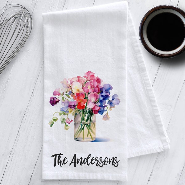 Personalized Sweet Pea Floral Tea Towel,Sweet Pea Kitchen Towel, Personalized Gift, Floral Tea Towel