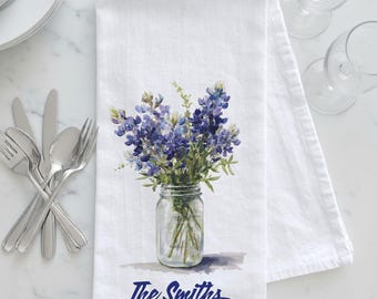 Personalized Bluebonnets Tea Towel, Personalized Gift, Bluebonnet Kitchen Tea Towel, Texas Bluebonnet Tea Towel, Texas Tea Towel