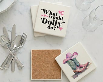 Cowgirl Ceramic Coasters Set of 4 | What Would Dolly Do Western Bar Cart Decor | Custom Disco Cowgirl Gift