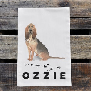 Personalized Bloodhound Dog Kitchen Tea Towel, Dog Lover Gift, Customized Dog Decor, Custom Flour Sack Dish Cloth, Dog Memorial Gift