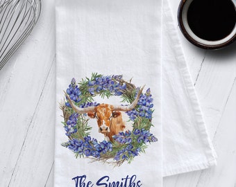 Personalized Bluebonnets with Texas Longhorn Tea Towel, Personalized Texas Gift, Bluebonnet Kitchen Tea Towel, Texas Longhorn Tea Towel