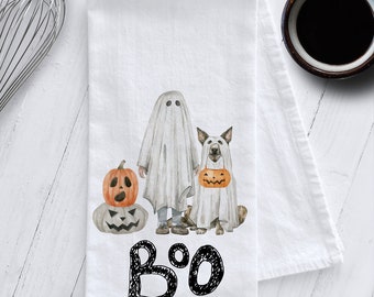 Halloween Ghosts Tea Towel, Halloween Tea Towel, Boo Tea Towel, Pumpkin Tea Towel, Dog in Costumes, Halloween Kitchen Towel