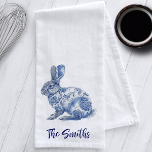 Personalized Chinoiserie Rabbit Tea Towel,Chinoiserie Tea Towel, Easter Tea Towel,Chinoiserie Easter Tea Towel, Grandmillenial Style