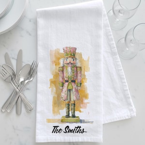 Personalized Preppy Pink and Green Nutcracker Tea Towel, Preppy Style Christmas, Personalized Christmas Gift, Palm Beach Style Christmas