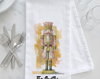 Personalized Preppy Pink and Green Nutcracker Tea Towel, Preppy Style Christmas, Personalized Christmas Gift, Palm Beach Style Christmas